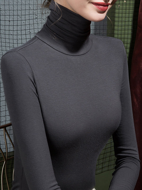 Long Sleeves Plus Size Solid Color Split-Joint High Neck T-Shirts