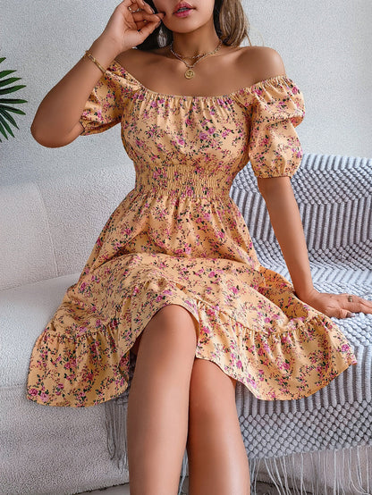A-Line Short Sleeves Contrast Color Elasticity Flower Print Ruffle Trim Split-Joint Square-Neck Midi Dresses