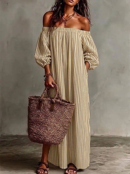 Striped Pockets Elastics Three-quarter Sleeves Plus Size Off-the-shoulder Midi Dresses