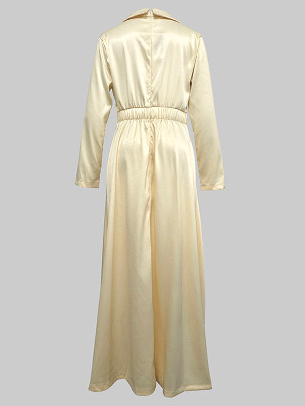 A-Line High Waisted Pleated Solid Color V-Neck Maxi Dresses