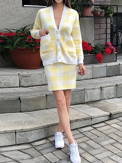 Long Sleeves Loose Buttoned Plaid Pockets Split-Joint V-Neck Cardigan Tops + Skirts Bottom Two Pieces Set