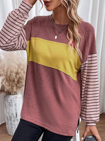 Long Sleeves Loose Contrast Color Split-Joint Striped Round-Neck Blouses&Shirts Tops