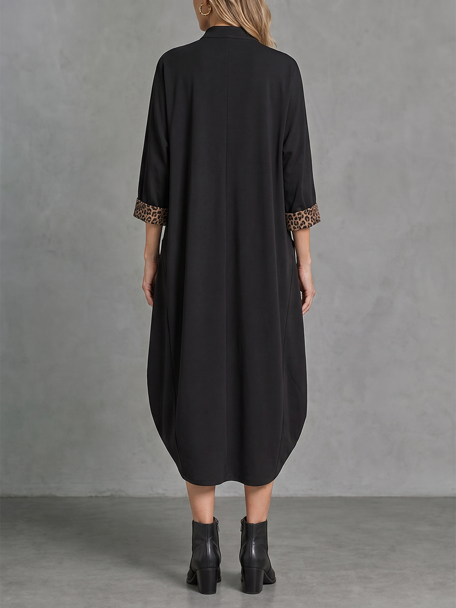 Split-Joint Pockets Leopard Three-quarter Sleeves Loose Mandarin Collar Midi Dresses