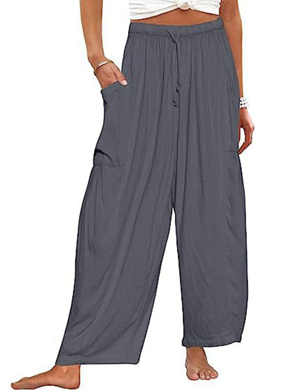 High Waisted Loose Drawstring Elasticity Pleated Pockets Solid Color Ninth Pants Trousers