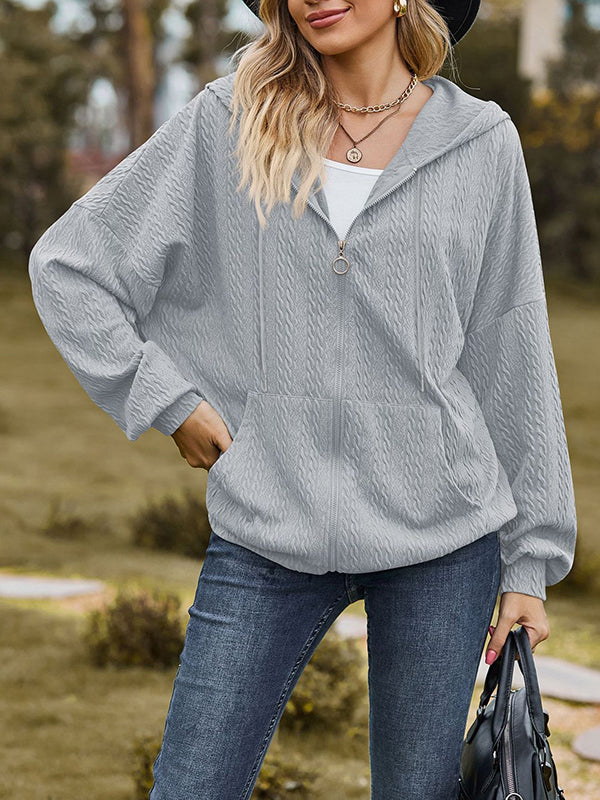Long Sleeves Loose Drawstring Hooded Pockets Solid Color Zipper V-Neck Outerwear