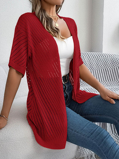 Half Sleeves Loose Hollow Solid Color Cardigan Tops