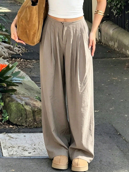 Solid Color Pleated Wide Leg High Waisted Trousers Pants