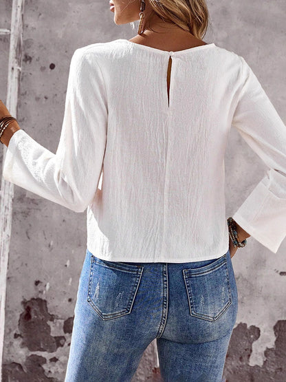 Long Sleeves Buttoned Solid Color Split-Front Round-Neck T-Shirts Tops