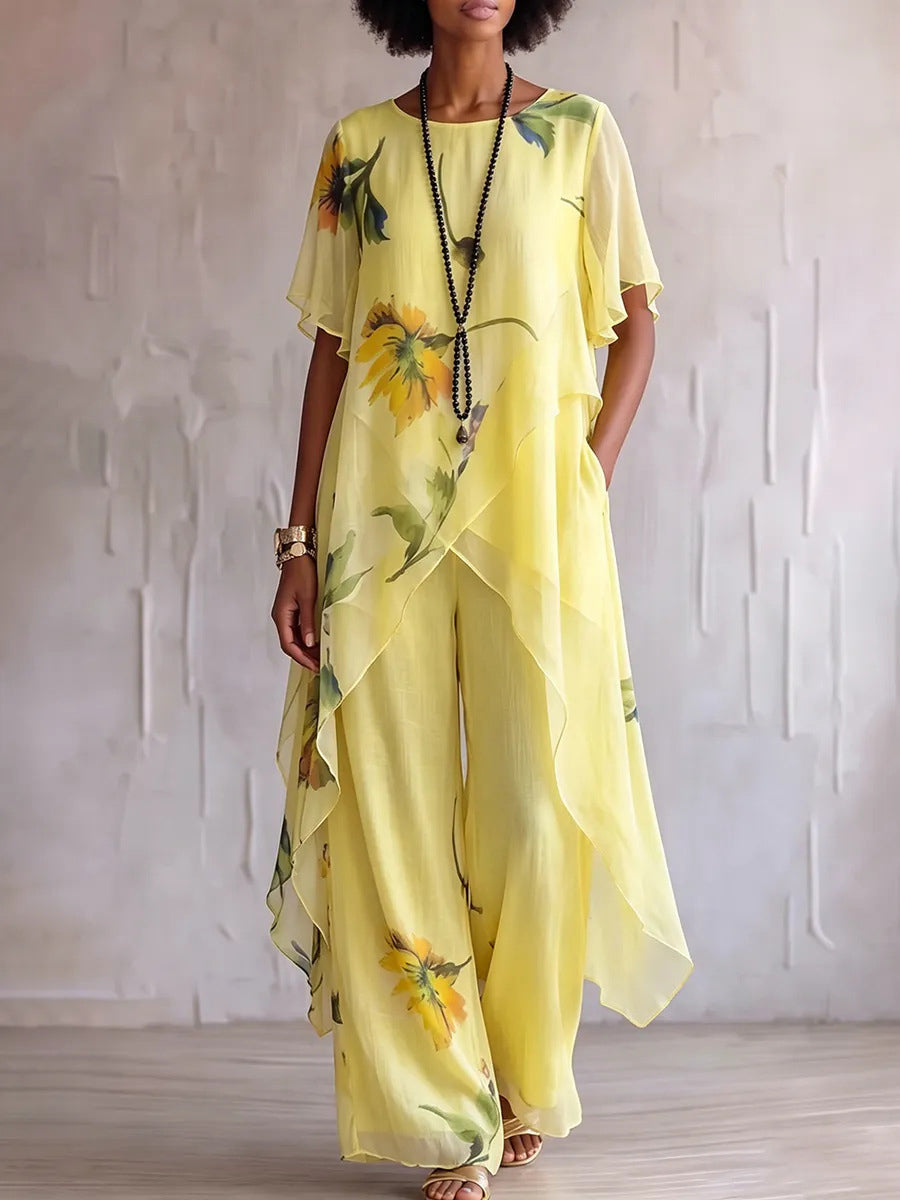 Contrast Color Flower Print See-Through Round-neck High-low Blouses&shirts Tops + High Waisted Pockets Pants Trousers Two Pieces Set