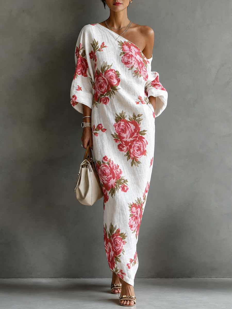 Pockets Flower Print Three-quarter Sleeves H-line One-shoulder Maxi Dresses