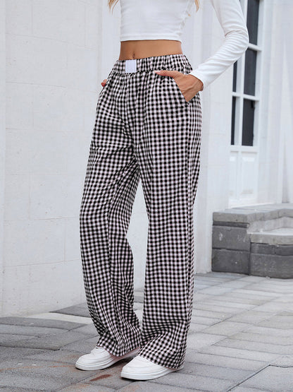 Elasticated Waist High Waisted Contrast Color Plaid Pockets Split-Joint Pants Trousers