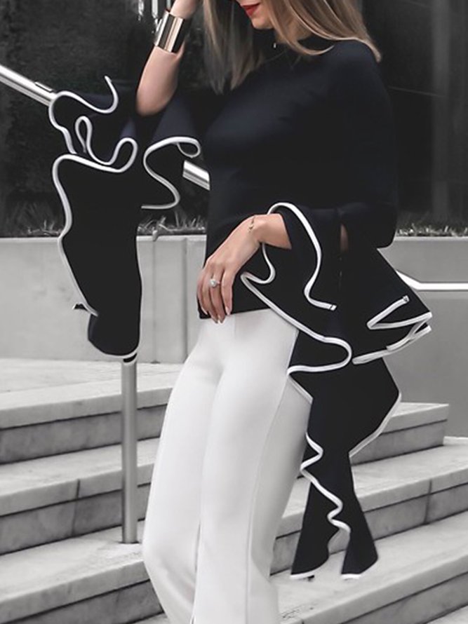 Flared Sleeves Long Sleeves Asymmetric Round-Neck Blouses&Shirts Tops