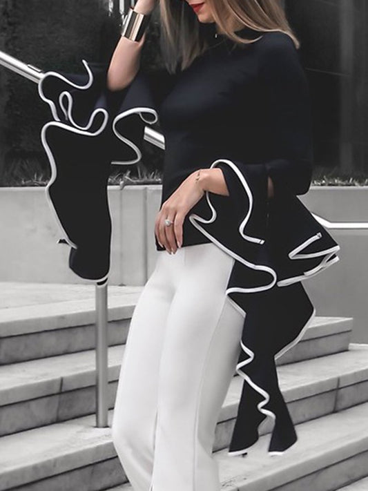 Flared Sleeves Long Sleeves Asymmetric Round-Neck Blouses&Shirts Tops