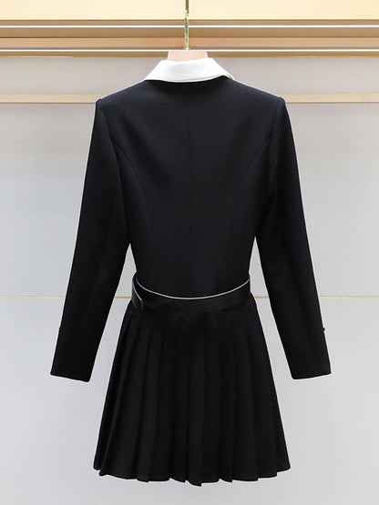 Elasticated Waist Long Sleeves Belted Buttoned Contrast Color Pleated Single-Breasted Lapel Mini Dresses Shirt Dress
