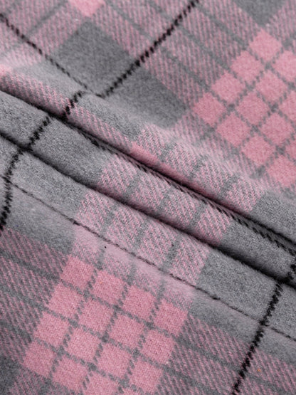 Long Sleeves Loose Plaid Pockets Lapel Woolen Coat