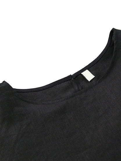 Loose Puff Sleeves Hollow Solid Color Split-Joint Round-Neck T-Shirts