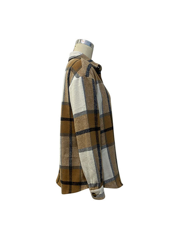 Long Sleeves Loose Buttoned Plaid Lapel Outerwear