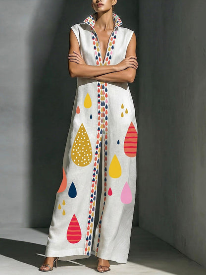 Column Loose Contrast Color Pockets Printed Split-Joint Stand Collar Jumpsuits