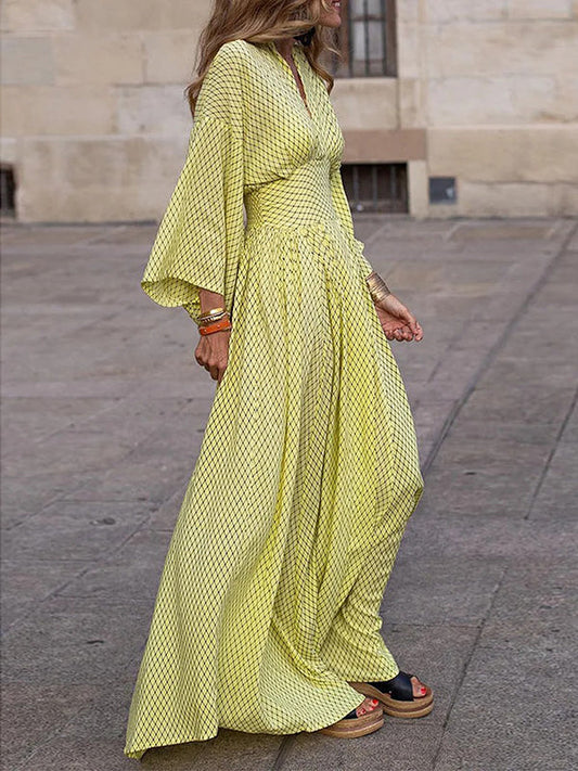 Raglan Sleeve Pleated Split-Joint V-Neck Maxi Dresses