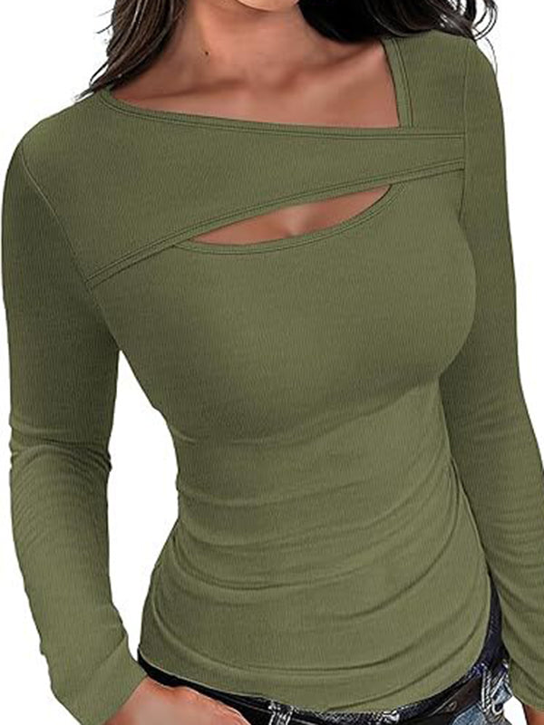 Long Sleeves Skinny Asymmetric Hollow Solid Color Split-Joint V-Neck T-Shirts