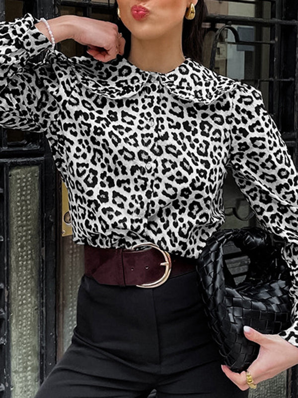 Loose Puff Sleeves Leopard Split-Joint Peter Pan Collar Blouses&Shirts Tops