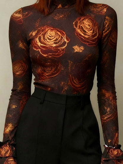 Flared Sleeves Long Sleeves Flower Print High Neck Blouses&Shirts Tops