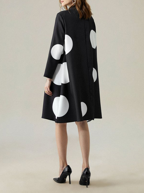 Long Sleeves Loose Asymmetric Buttoned Polka-Dot Tied Mock Neck Midi Dresses