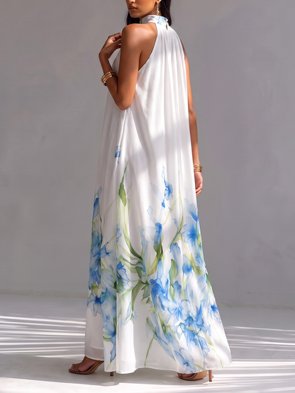 Split-Joint Printed Pleated Contrast Color Sleeveless Loose Stand Collar Maxi Dresses