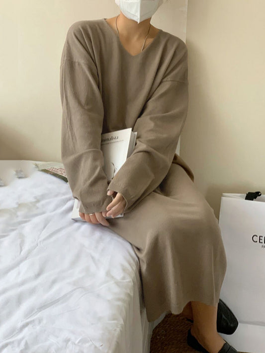 Long Sleeves Loose Solid Color V-Neck Midi Dresses Sweater Dresses