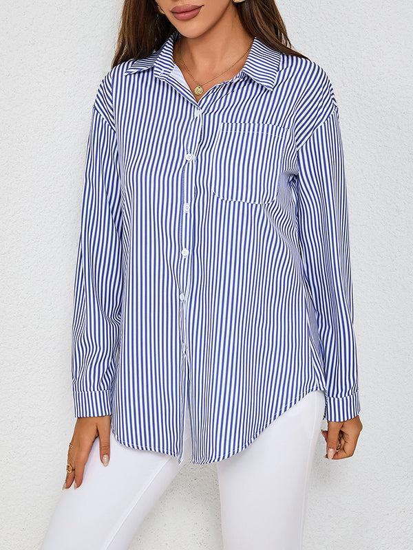 Long Sleeves Loose Split-Joint Striped Lapel Blouses