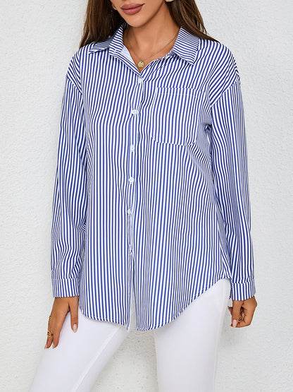 Long Sleeves Loose Split-Joint Striped Lapel Blouses