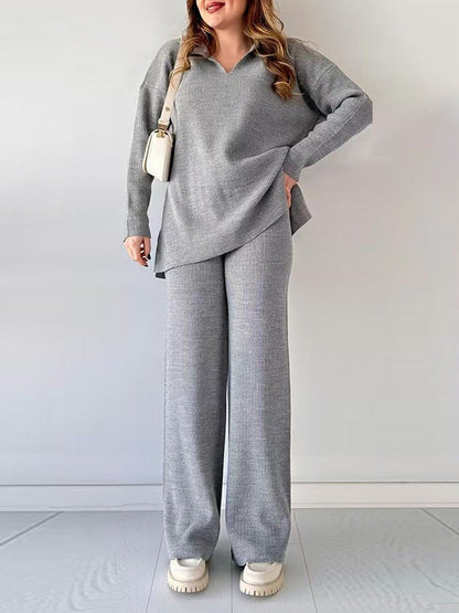 Loose Long Sleeves Solid Color Split-Side Lapel Sweater Top + Pants Two Pieces Set