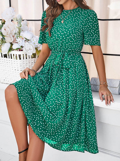 A-Line Elasticated Waist Contrast Color Polka Dot Split-Joint Tied Waist Round-Neck Midi Dresses