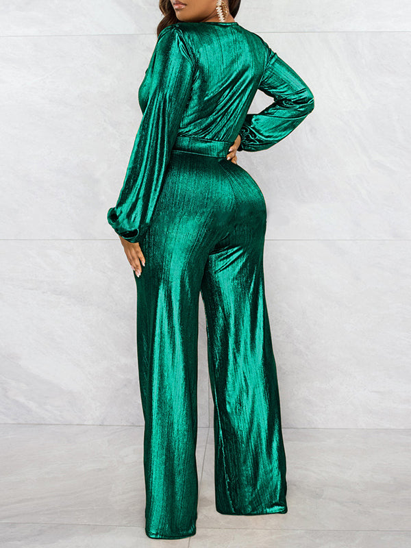 Bodycon High Waisted Elasticity Shiny Solid Color V-Neck Jumpsuits