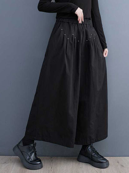 Loose Wide Leg Elasticity Embroidered Pleated Ninth Pants Trousers