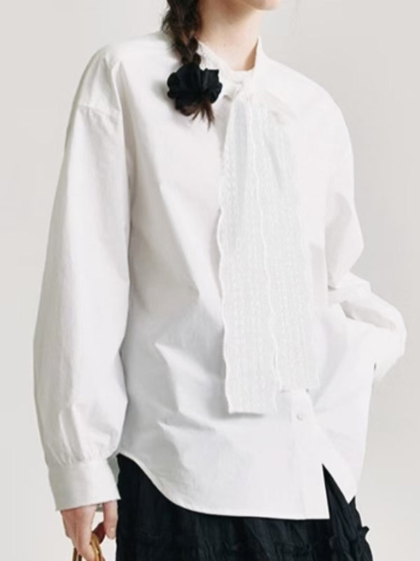 Long Sleeves Buttoned Solid Color Lace Collar Blouses&Shirts Tops