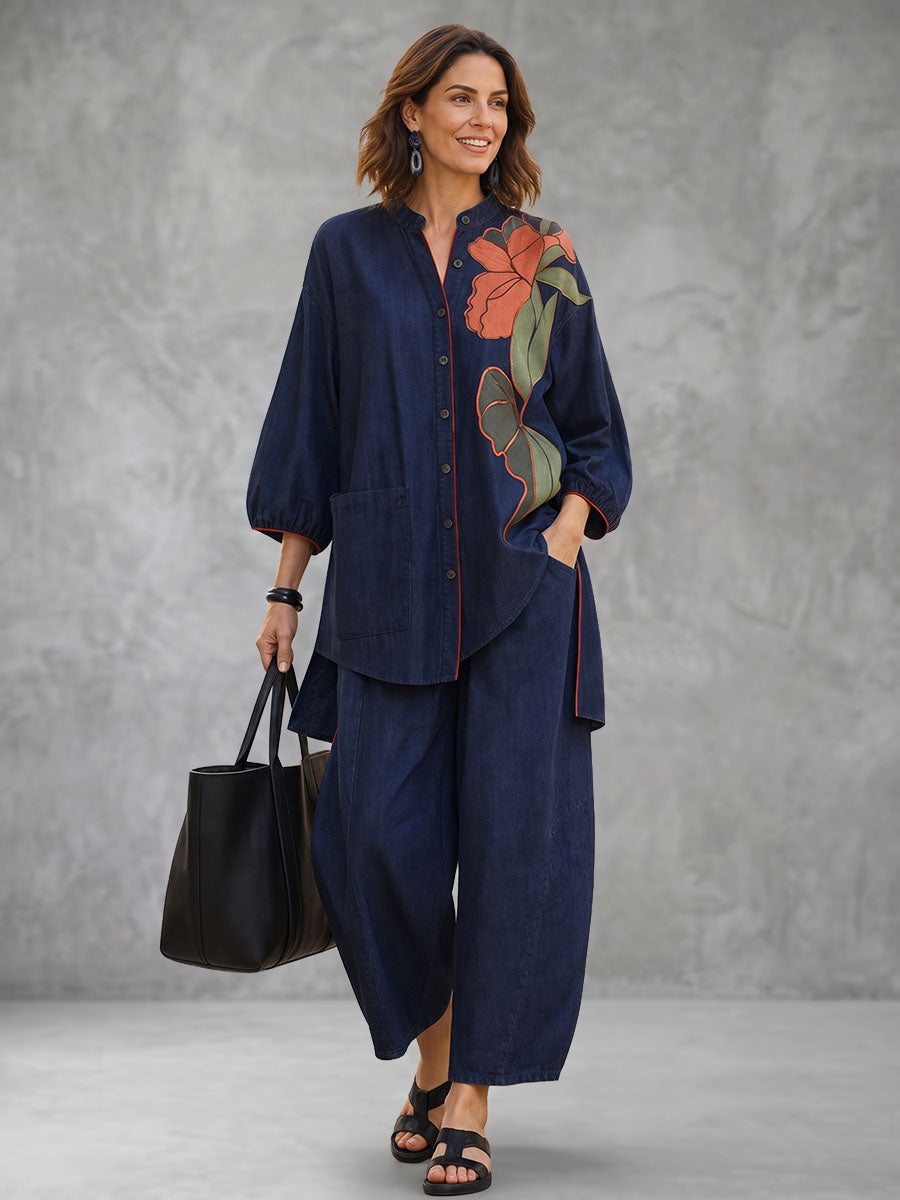 Pockets Flower Print Contrast Color Buttoned Three-quarter Sleeves Loose Round-neck Blouses&shirts Tops
