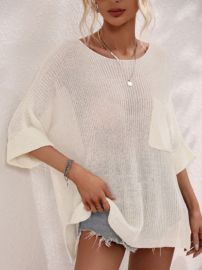 Loose Short Sleeves See-Through Solid Color Split-Joint Round-Neck Sweater Tops