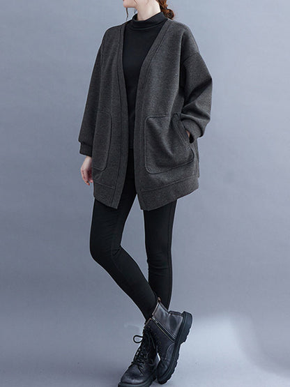 Long Sleeves Loose Pockets Solid Color Collarless Outerwear