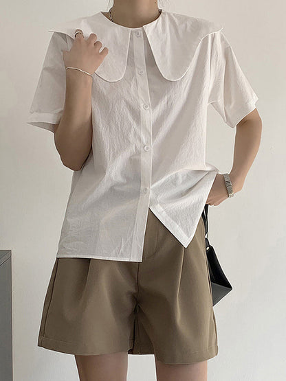 Loose Short Sleeves Solid Color Split-Joint Peter Pan Collar Blouses&Shirts Tops