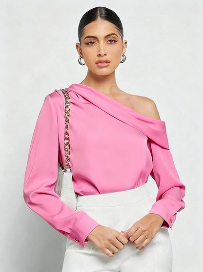 Long Sleeves Skinny Pleated Solid Color Split-Joint One-Shoulder Blouses&Shirts Tops