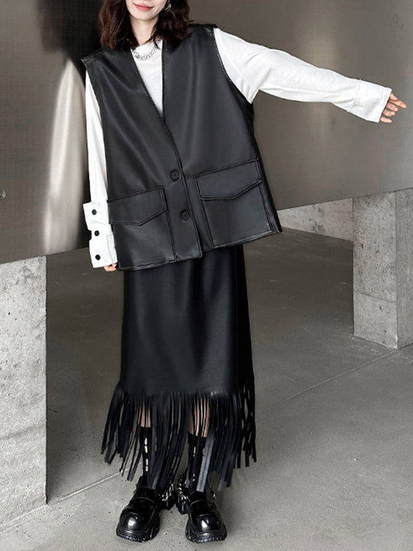 Loose Solid Color V-Neck Sleeveless Buttoned Pockets Vest Top + High Waisted Elasticity Tasseled Skirt Bottom Two Pieces Set