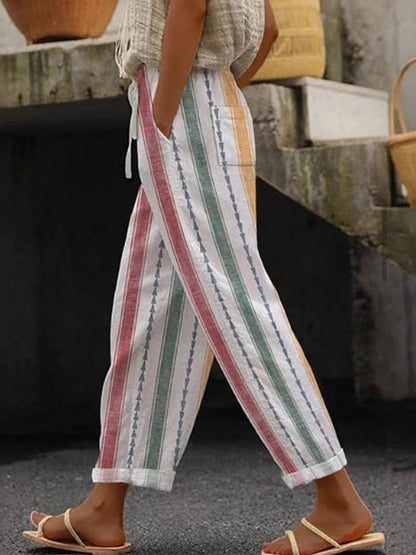High Waisted Plus Size Contrast Color Drawstring Elasticity Pockets Printed Split-Joint Pants Trousers