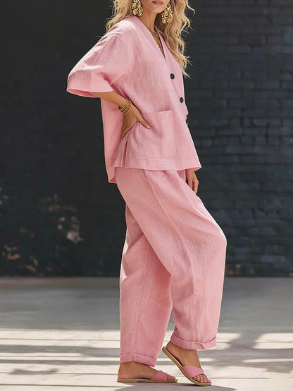 Loose Solid Color V-Neck Asymmetric Buttoned Blouses&Shirts Tops + High Waisted Pockets Pants Trousers Two Pieces Set