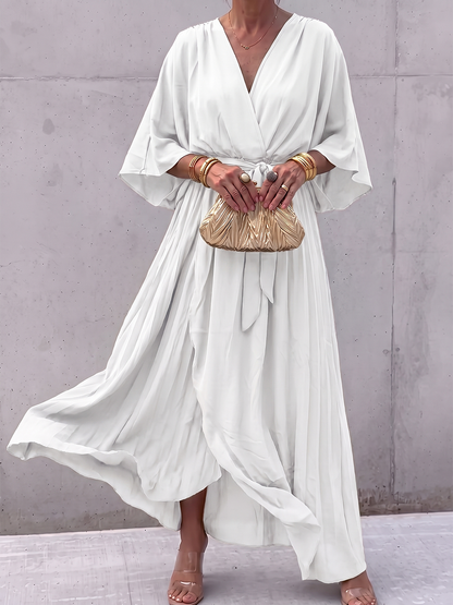 Tied Solid Color See-Through Pleated Asymmetric Plus Size Long Sleeves V-neck Maxi Dresses