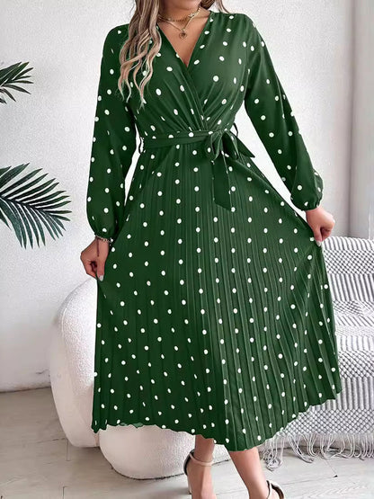 High Waisted Long Sleeves Pleated Polka Dot Tied Waist V-Neck Maxi Dresses Shirt Dress
