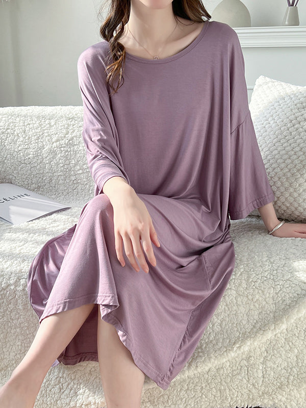 High Waisted Loose Solid Color Split-Joint Round-Neck Pajama Dress