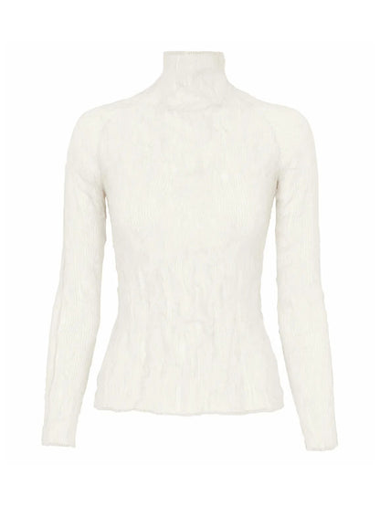 Long Sleeves Skinny Pleated See-Through Solid Color High Neck T-Shirts Tops