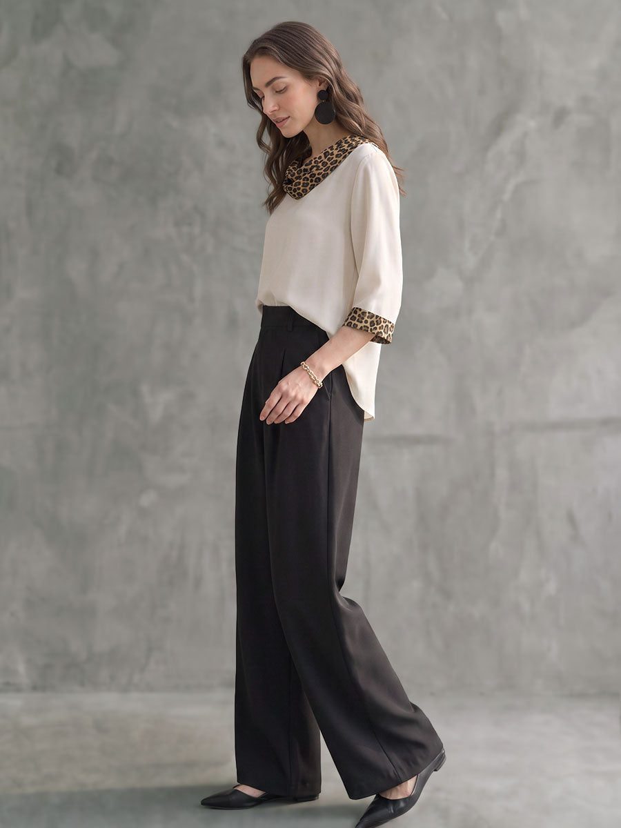 Split-Joint Leopard Contrast Color Three-quarter Sleeves Loose Heaps Collar Blouses&shirts Tops