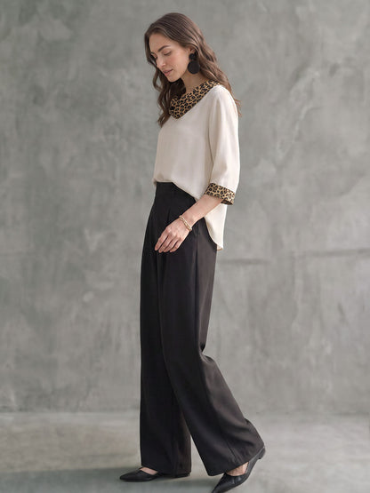 Split-Joint Leopard Contrast Color Three-quarter Sleeves Loose Heaps Collar Blouses&shirts Tops